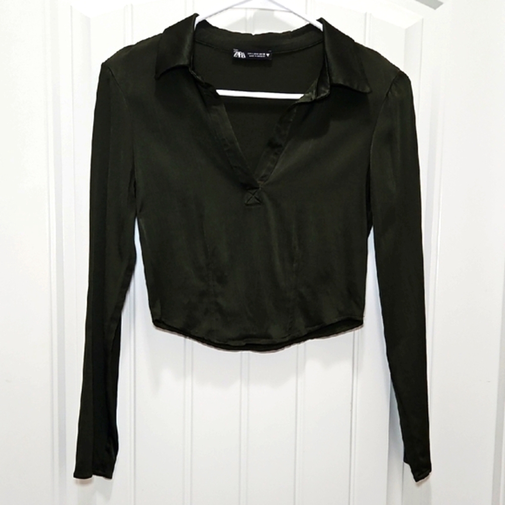 Zara Olive Green Long Sleeve Cropped Polo Top
